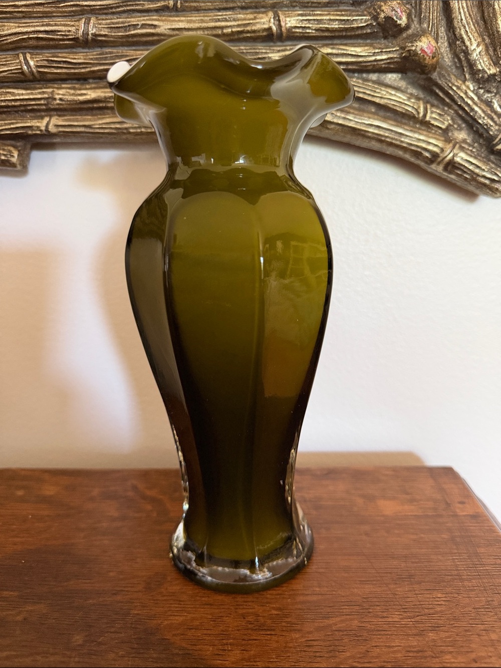 Vintage Olive Green Glass Ruffled Vase – White Interior Mid-Century Style 8”